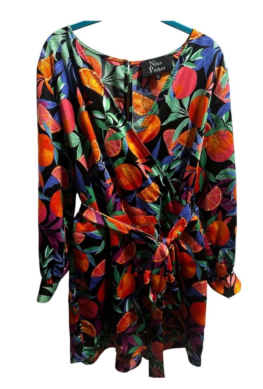 Nina Parker Size 1X Orange Fruit Print Long Sleeve Wrap Romper - Picture 2 of 5
